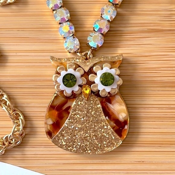 Brand New Betsey Johnson Owl Pendant Necklace Gold Tone Sparkly Fall Autumn - Picture 3 of 10